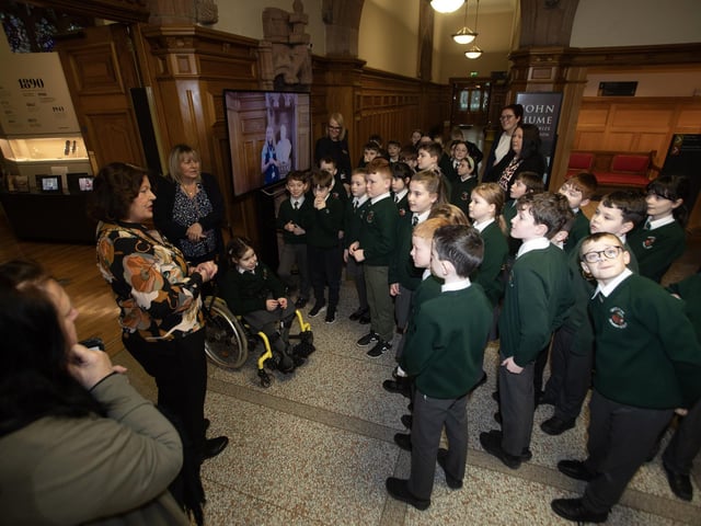 Primary 5 pupils from Greenhaw PS pictured during their tour of the Guildhall.