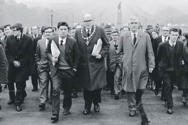 Eddie McAteer, Unionist Mayor AW Anderson and John Hume leading a protest against the Lockwood Report at Stormont.