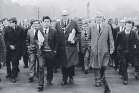 Eddie McAteer, Unionist Mayor AW Anderson and John Hume leading a protest against the Lockwood Report at Stormont.