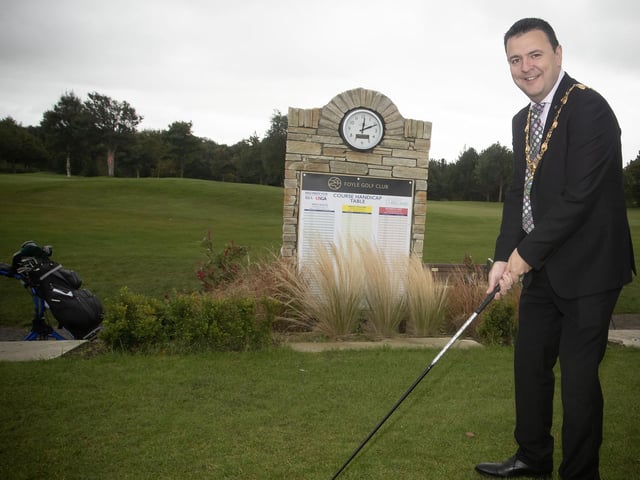 DRIVE-IN!. . . . .The City and District's Mayor, Ruairi McHugh gets the ball rolling at the Hollybush Primary and Nursery School's Golf Classic at Foyle Golf Club on Saturday. (Photo: Jim McCafferty)