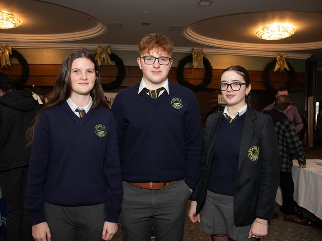 Lilly Morrison, Oran Donaghy and Maria Gleeson, Crana College at the HSE & IDP Health, Social Care Recruitment & Education Fair in Inishowen Gateway Hotel on Tuesday last. Photo Clive Wasson