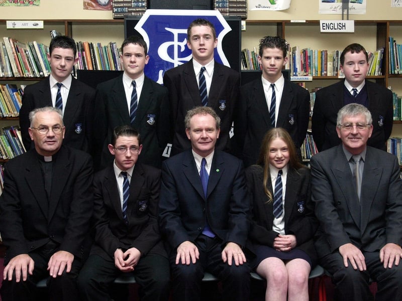 Mr. Martin McGuinness, Minister for Education, Fr. Aidan Mullan, P.P., Waterside, and Mr. Paul Molloy, principal, pictured with Year 11 prizewinners. Included at front are Mark Kelly and Roisin Chambers. Back, from left, are Conor Griffith, Cloin Mitchell, Alan Ogilby, Sean Keddy and Conor McLaughlin. (1/12/CD17) : Pictured are students, staff and invited guests at the annual school prize-giving at St Brecan's High School, Top of the Hill back in the year 2000.