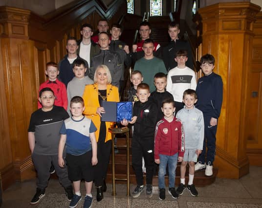 The Mayor of Derry City and Strabane District Council, Sandra Duffy makes a special presentation to junior members of St. Joseph’s Boxing Club to mark the club’s celebration of 30 years in existence, during a reception in the Guildhall on Thursday night last.