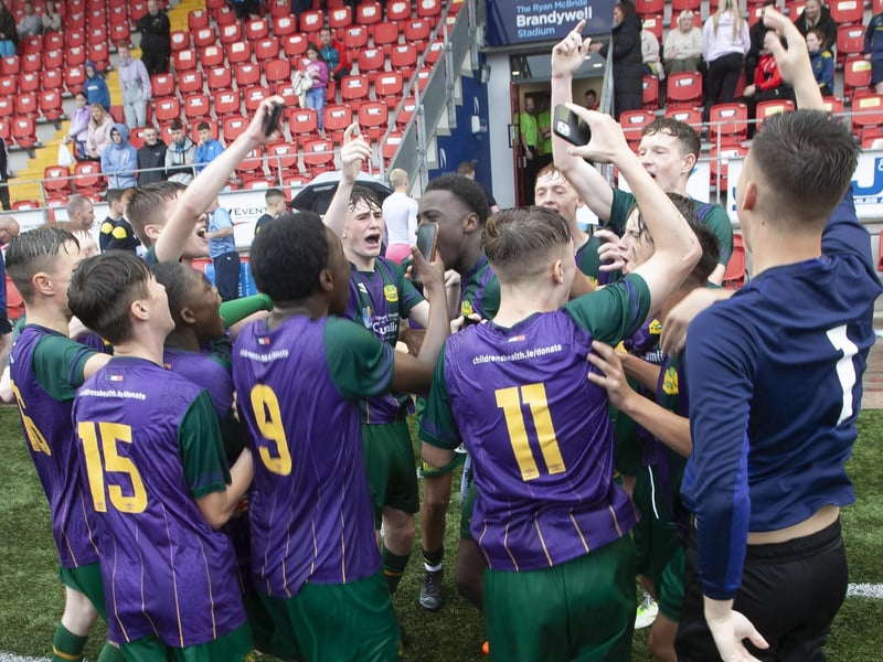 Lourdes Celtic (Dublin) players celebrate after winning the u-16 Foyle Cup at Brandywell on Saturday afternoon, beating Don Boscos 1-0. (Photos: Jim McCafferty Photography)