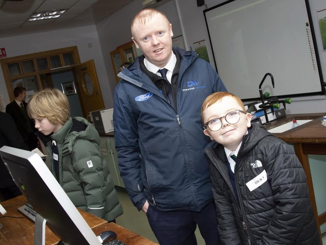 St. Patrick’s PS pupil Patrick Clarke pictured with his dad Michael at St. Joseph’s Boys' School on Friday.
