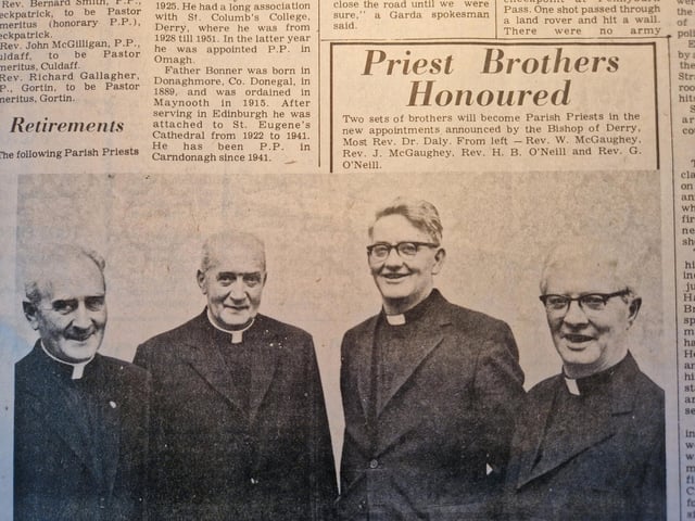 Two sets of Brothers will become Parish Priests in the new appointments announced by the Bishop of Derry, most Rev. Dr. Daly from left - Rev W. McGaughey, Rev. J. McGaughey, Rev H. B. O'Neill and Rev. G. O'Neill.