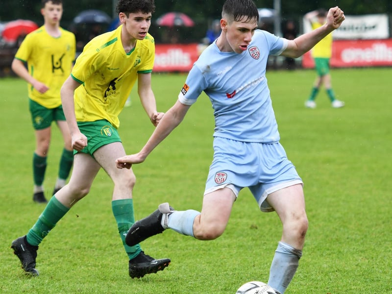 Gavin Friel lines up a shor at goal for Derry City during their O'Neills Foyle Cup Under-15's final against Donegal UL.