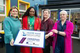Sue Divin, DCSD Council Programme Manager for PEACE, Lilian Seenoi Barr, Mayor of Derry and Strabane District Council, Francine Moran, NWRC Project Manager Inspire, Enthuse, Equip, and Edelle Irwin, NWRC Project Officer pictured at the launch of the programme. Photo: Martin McKeown.