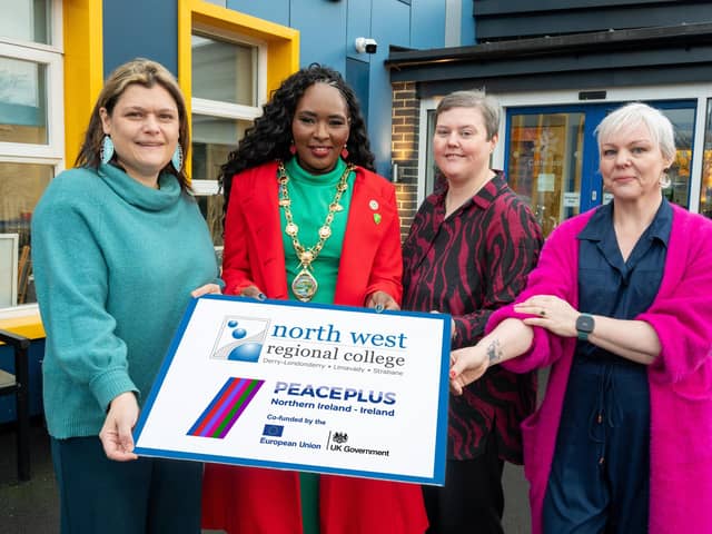 Sue Divin, DCSD Council Programme Manager for PEACE, Lilian Seenoi Barr, Mayor of Derry and Strabane District Council, Francine Moran, NWRC Project Manager Inspire, Enthuse, Equip, and Edelle Irwin, NWRC Project Officer pictured at the launch of the programme. Photo: Martin McKeown.