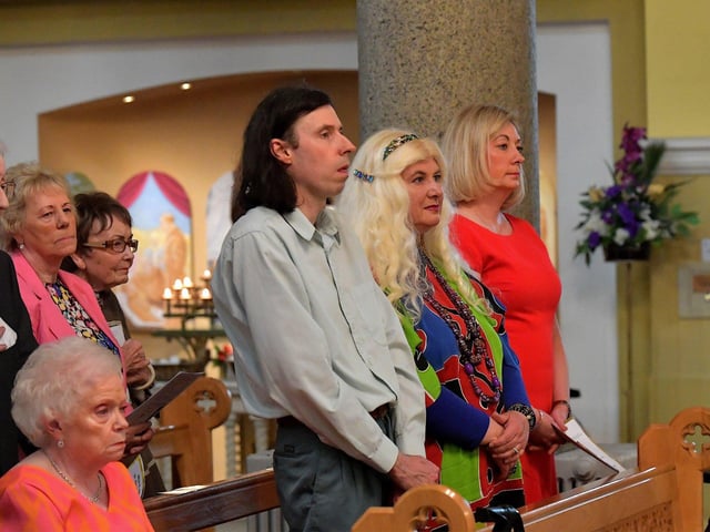 Relatives of Father Con McLaughlin attend a Mass to celebrate his Golden Jubilee at the Church of the Sacred Heart, Carndonagh, on Saturday evening. Photo: George Sweeney. DER2323GS – 158