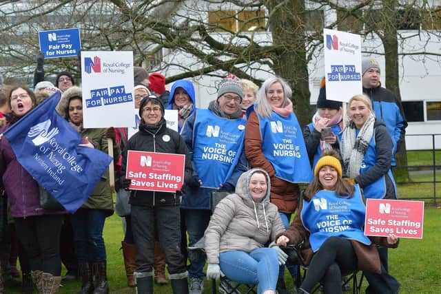 2019: Nurses from the Royal College of Nursing union strike at Altnagelvin Hospital three years ago this week. DER5119GS - 008