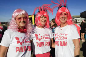Sisters Sharon, Michelle and Anne at the Cancer Focus NI Pink Run held in Ebrington Square on Sunday. (Photo - Tom Heaney, nwpresspics)