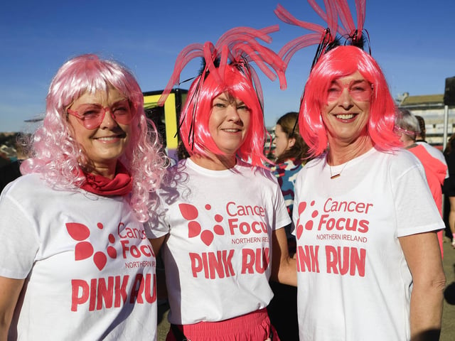 Sisters Sharon, Michelle and Anne at the Cancer Focus NI Pink Run held in Ebrington Square on Sunday. (Photo - Tom Heaney, nwpresspics)