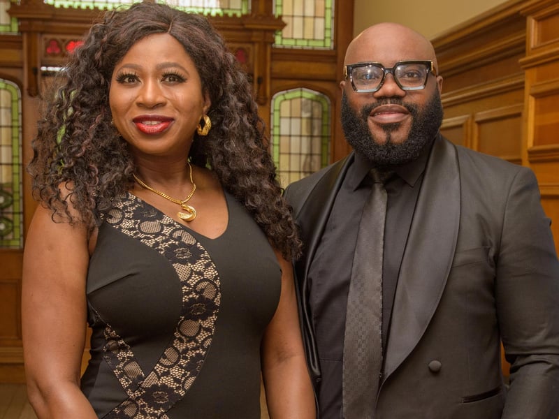 The Mayor Councillor Patricia Logue hosted the annual Mayor’s Ball in the Guildhall in aid of her crossed Charities the Foyle Hospice and Ryan McBride Foundation. Pictured at the event are guests, Femi and Jummie Ola. Picture Martin McKeown. 24.05.24