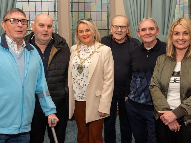 The Mayor Councillor Sandra Duffy welcomed members of Leafair Mens Health Group to the Guildhall this week for a catch up and to hear about the contribution the group makes to their lives. Included are, Derek Evans, Paul Redden, Eddie Coyle, John Bradley and Chantelle McCallion, co-ordinator. Picture Martin McKeown. 04.04.23