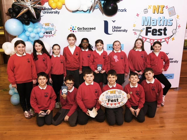 Lisnagelvin Primary School pupils pictured at the Foyle Kumon NI Maths Fest in the Guildhall. : .