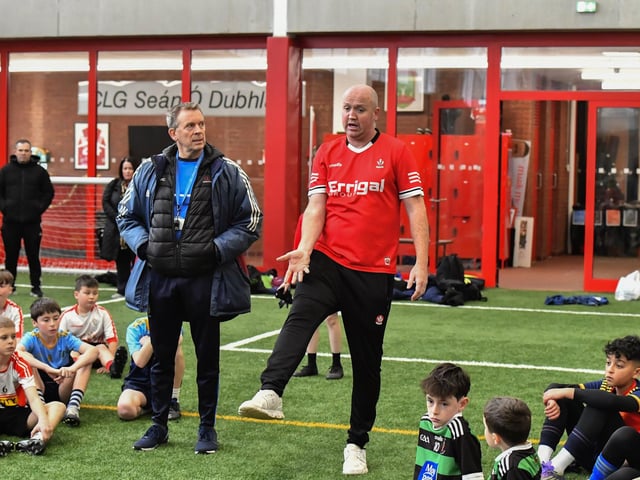 Coaches Francis Mallon and Eoghan Carlin pictured during the Cumann na mBunscoil skills test held at Sean Dolans GAC on Friday. Photo: George Sweeney