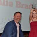 Dearbhaile Brady pictured with Steve Frazer, Managing Director, of category sponsor City of Derry Airport, at the Derry Journal People of the Year Award in 2022. DER2235GS – 026