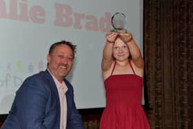 Dearbhaile Brady pictured with Steve Frazer, Managing Director, of category sponsor City of Derry Airport, at the Derry Journal People of the Year Award in 2022. DER2235GS – 026