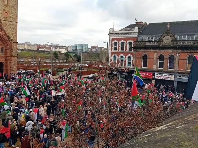 Thousands participate in Derry rally for Palestine calling for a ceasefire in Gaza on January 13, 2024