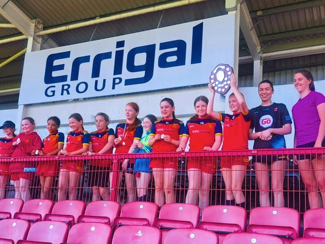 Derry Primary Schools Girls Finals at Celtic Park: Steelstown PS celebrates winning the Tower Cup Plate. Photo courtesy of Francis Mallon