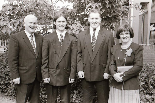 Photographs of students, professors, and proud parents during the Magee graduations in June 1995.