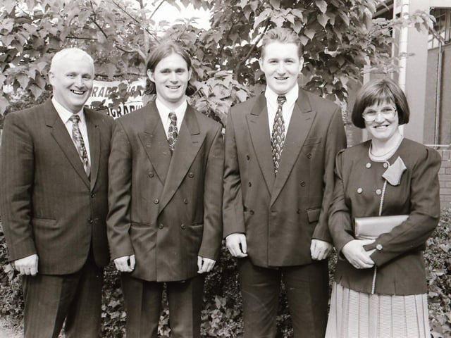 Photographs of students, professors, and proud parents during the Magee graduations in June 1995.