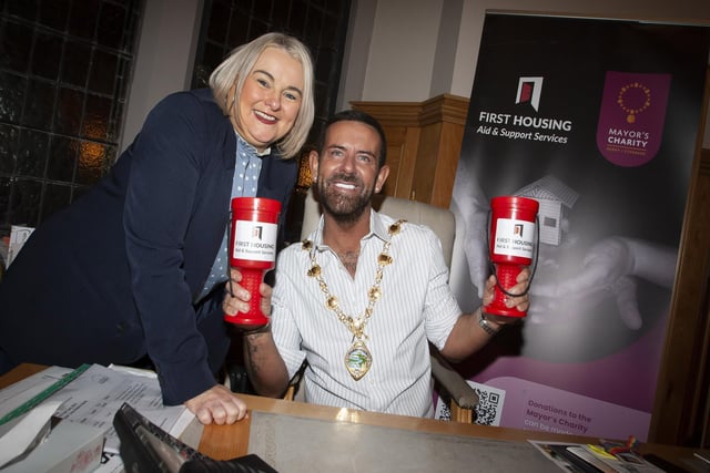 Micky Doherty lending support to the Mayor’s Charity - First Housing Aid and Support Services during his visit to the Guildhall on Thursday evening.