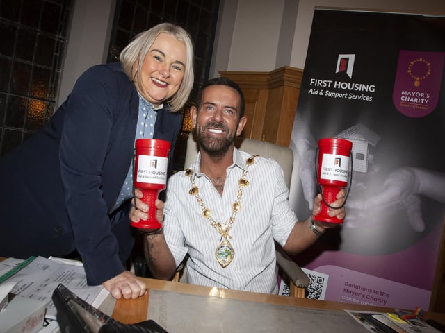 Micky Doherty lending support to the Mayor’s Charity - First Housing Aid and Support Services during his visit to the Guildhall on Thursday evening.