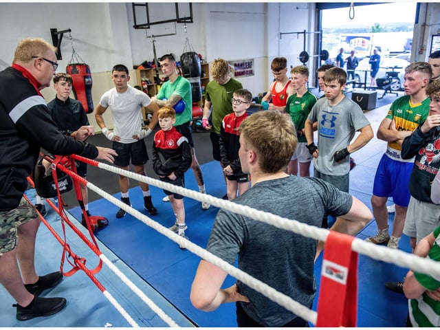 Some of the Co. Derry William Wallace Box Cup squad get some instructions from coaches during a training session at Oakleaf Boxing Club.