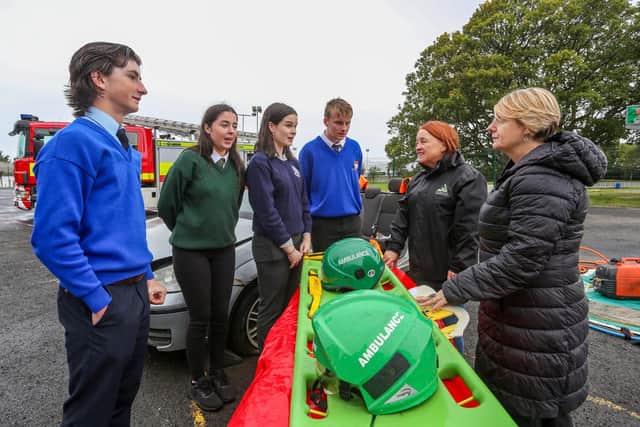 From left are Jack Le Masurier (Scoil Mhuire), Fianna McCool (Moville Community College), Ella McCarron (Deele College) and Aaron Kerr (Royal and Prior), Donna McCloskey (Triax Neighbourhood Management Team - TNMT) and  Sharon Semple, Better Together Project.