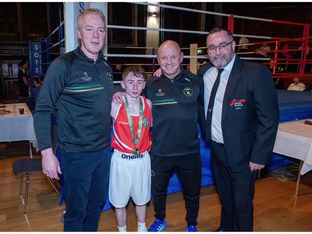 One of the support bouts was local lad Tony Cox of St Joseph's B C who took the decision. Also in the photpgraph are coaches Cahir Duffy, Liam McLaughlin and Ulster President Kevin Duffy