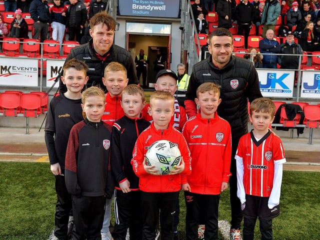 Derry City mascots pictured with Cameron McJannett and Michael Duffy at the Brandywell on Monday evening. Photo: George Sweeney. DER2315GS – 117