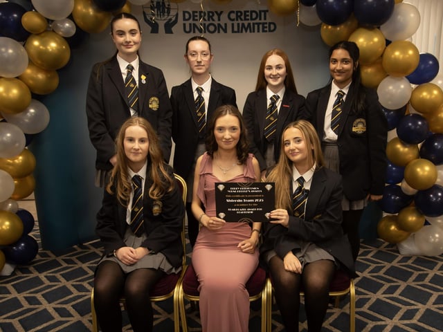 Derry Credit Union's Young People's Awards 2025 nominees Sistersin Team 2025 from Lumen Christi College, being presented with their certificates by Ellen Bradley, Youth Committee, on Monday night.