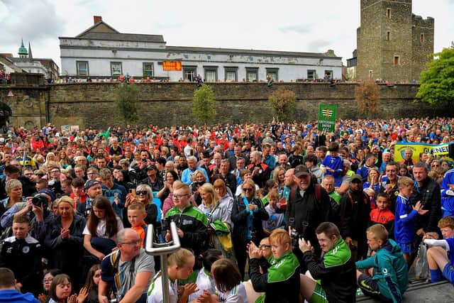 Some of the attendance at the official opening of the 2023 Foyle Cup, in Guildhall Square. Photo: George Sweeney. DER2329GS - 18