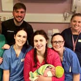 Baby boy Flynn from Eglinton born at Altnagelvin Hospital at 00.50am on Easter Sunday weighing 6lbs 7oz is pictured with mum Helen, dad Ethan, staff midwives Meabh Coyle and Tracey Kelly, Sister Clare Lynch and Student Midwife Megan Kyle