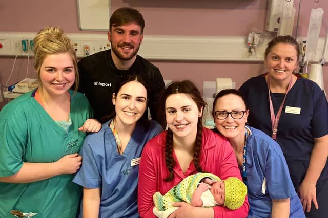 Baby boy Flynn from Eglinton born at Altnagelvin Hospital at 00.50am on Easter Sunday weighing 6lbs 7oz is pictured with mum Helen, dad Ethan, staff midwives Meabh Coyle and Tracey Kelly, Sister Clare Lynch and Student Midwife Megan Kyle