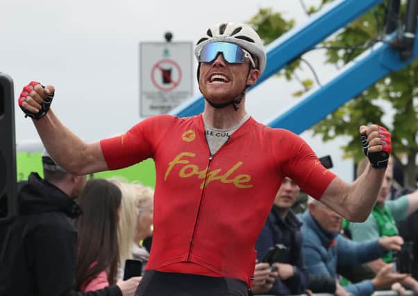 Foyle Cycling Club's Finn Crockett CC wins Sunday's final stage of the Ras Tailteann from Monaghan - Blackrock, a first ever victory for the Derry club at the prestigious event.
(Photo: Lorraine O'Sullivan)