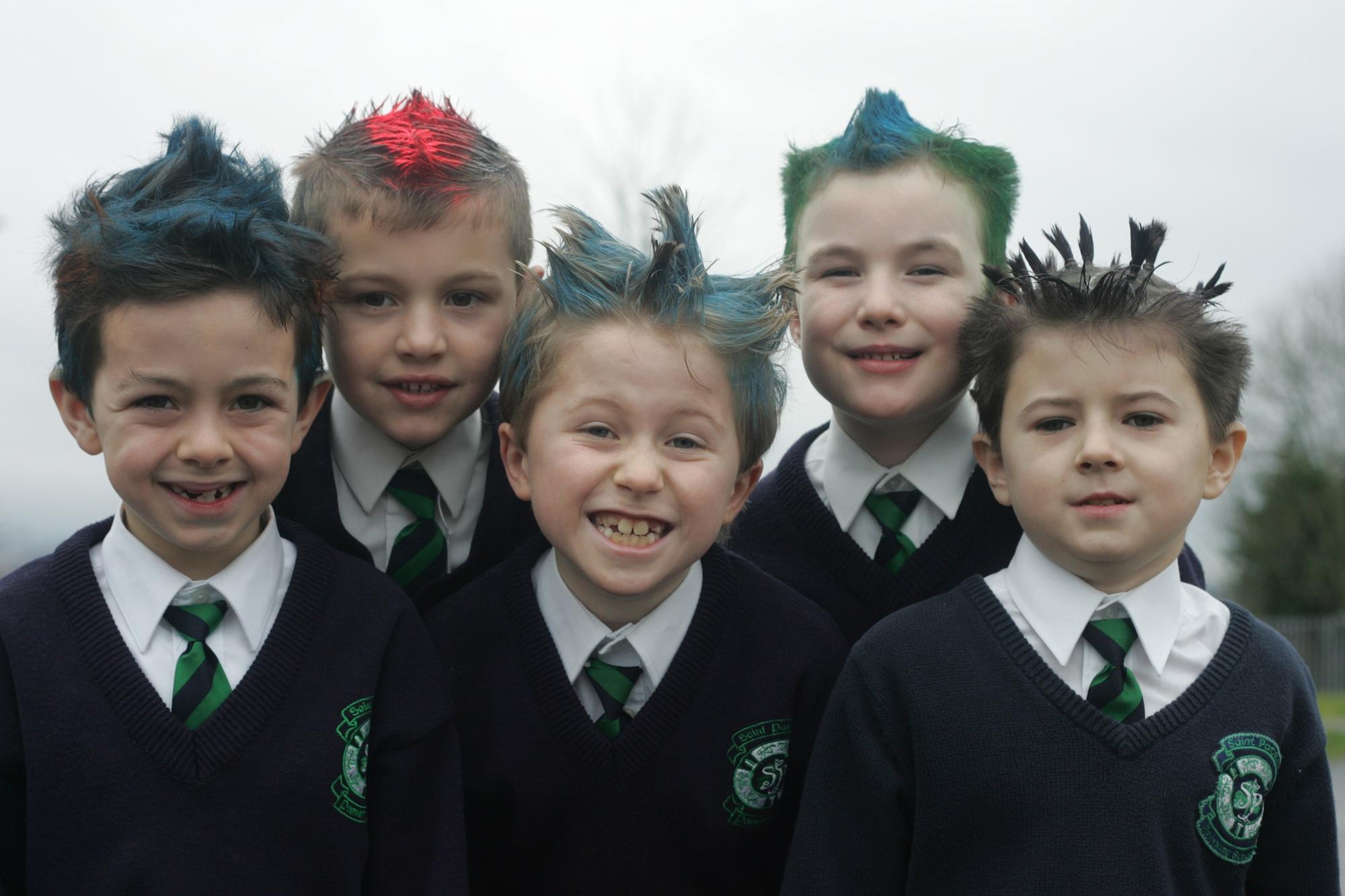 Liam McGurk, Cillean Macari, Daniel Cosgrove, Jonathan Friel and Charlie Douglas. (1801C08a) : St Patrick's Primary School's Bad Hair Day from 2005.