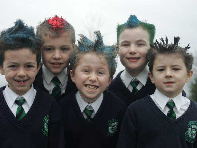 Liam McGurk, Cillean Macari, Daniel Cosgrove, Jonathan Friel and Charlie Douglas. (1801C08a) : St Patrick's Primary School's Bad Hair Day from 2005.