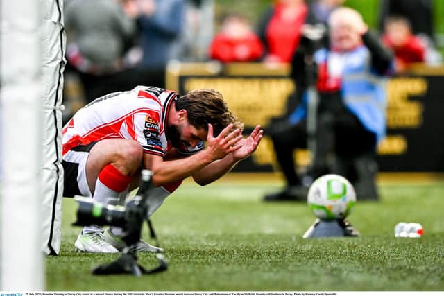 Brandon Fleming of Derry City reacts to a missed chance. Photo by Ramsey Cardy/Sportsfile