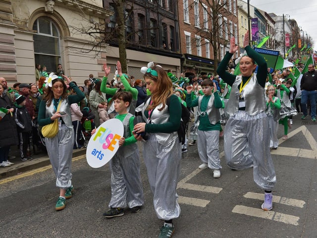 The Derry St Patrick’s Day parade makes its way towards the city centre on Monday afternoon. Photo: George Sweeney.