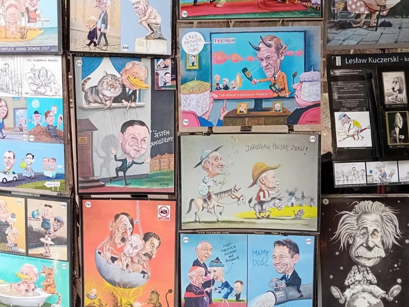 Political cartoons on display in the seaside village of Sopot.