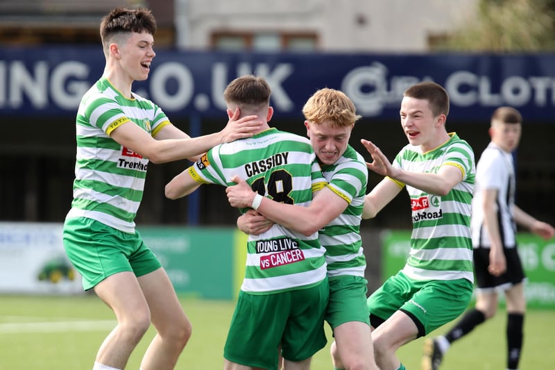 Top Of The Hill Celtic players are thrilled by Darragh Cassidy's opening goal against St Oliver Plunkett in the NIBFA Youth League U16 Cup Final.