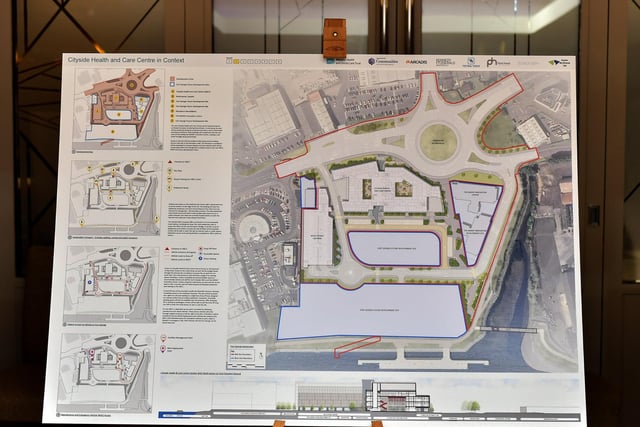 Project designs for the WHSCT’s development proposal for a Cityside Health and Care Centre, at the former Fort George site, displayed at an public Consultation Event held in Da Vinci’s Hotel. Photo: George Sweeney