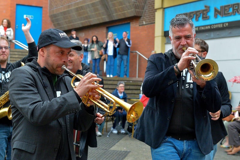 The Jaydee Brass Band are the opener to the highly anticipated four day event performing at Guildhall Square. With their high use of brass instruments shining light on some of the best Jazz hits, it's certainly one that the whole family can enjoy. Pictured are band members Dann Bogers, on the left, and Harbraken Joep performing at last year's Derry’s Jazz Festival Weekend.  Photo: George Sweeney.  DER2318GS – 11