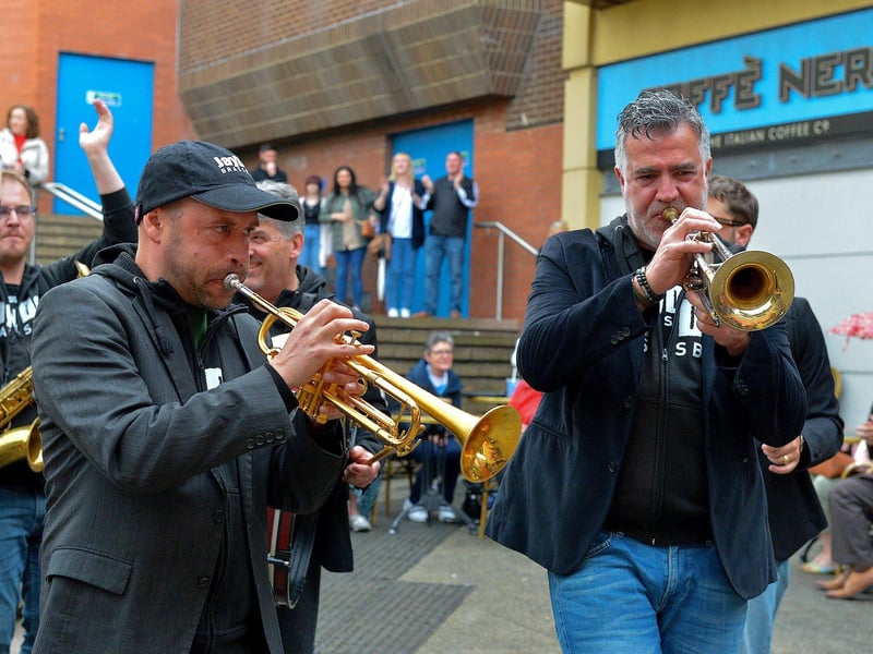 The Jaydee Brass Band are the opener to the highly anticipated four day event performing at Guildhall Square. With their high use of brass instruments shining light on some of the best Jazz hits, it's certainly one that the whole family can enjoy. Pictured are band members Dann Bogers, on the left, and Harbraken Joep performing at last year's Derry’s Jazz Festival Weekend. Photo: George Sweeney. DER2318GS – 11
