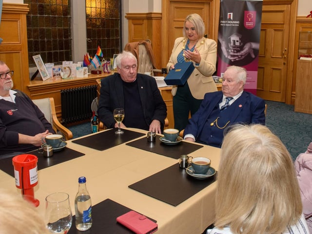 The Mayor Councillor Sandra Duffy welcomed members of the Order of Malta to the Guildhall where she presented the organisation with commemorative crystal in recognition of their contribution across the Derry City and Strabane District Council area. Picture Martin McKeown. 06.02.23:Mayor of Derry City and Strabane District Council’s reception for Knights of Malta in the Mayor’s Parlour, Guildhall on Monday 6th February.