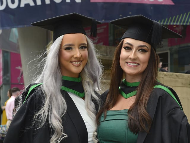Graduates Kathryn black from Belfast, who graduated in Information Technologies and Georgina Houston from Antrim who graduated in Computer Science pictured in Derry at the Millennium Forum. Picture By: Arthur Allison/Pacemaker Press.