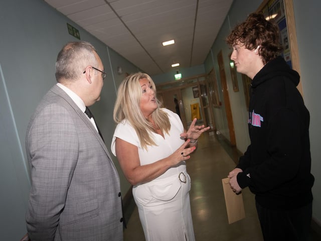 A Level student Shea Eckman in conversation with Mr. Beattie and Mrs. Deane on Thursday morning at St. Joseph's Boys School. (Photos: Jim McCafferty Photography)